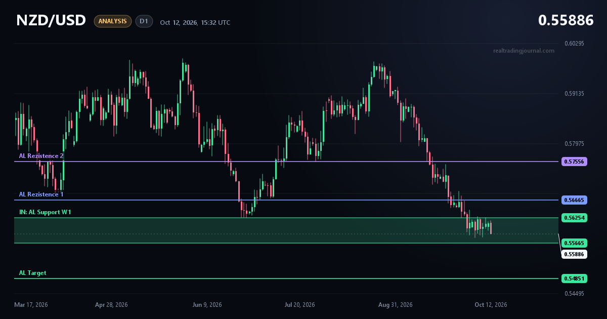 NZD/USD D1 chart with my markup: Test of yearly support zone