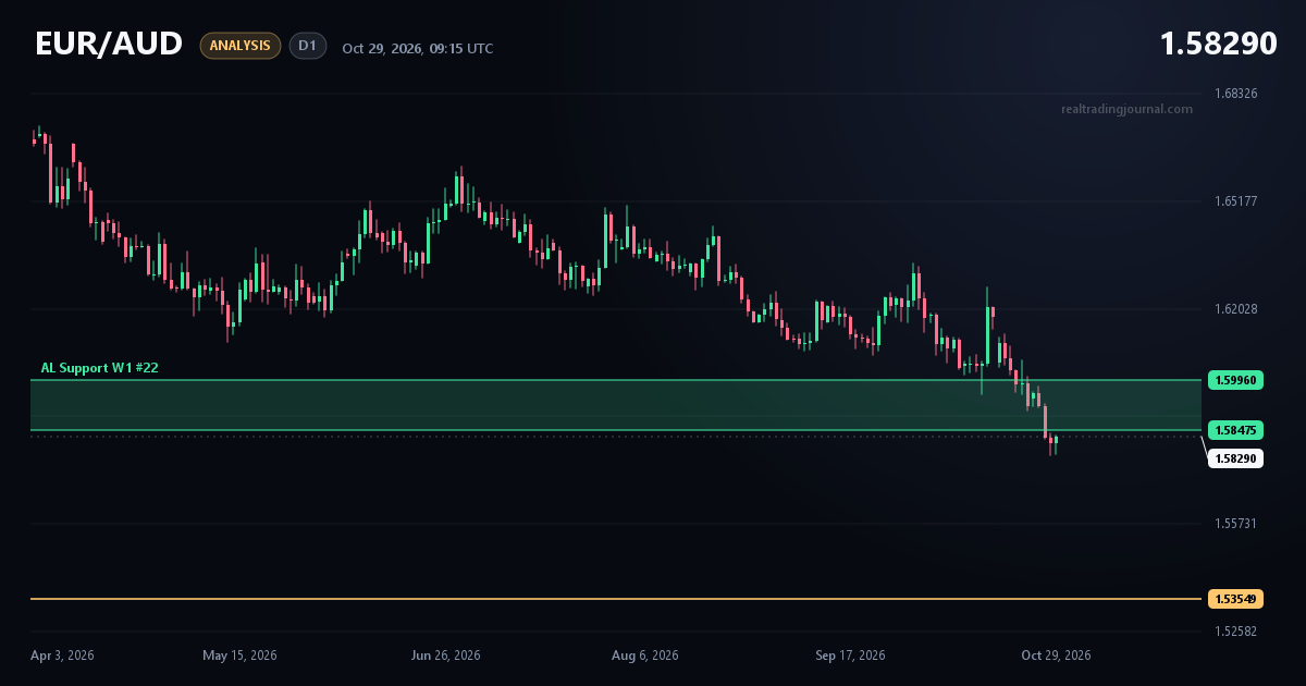 EUR/AUD D1 chart with my markup: Support break and retest